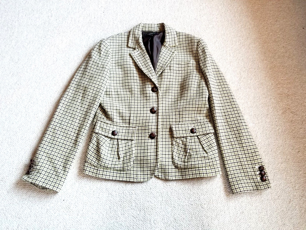 Womens Jacket-TALBOTS-beige/green/brown plaid wool blazer Academia preppy-10